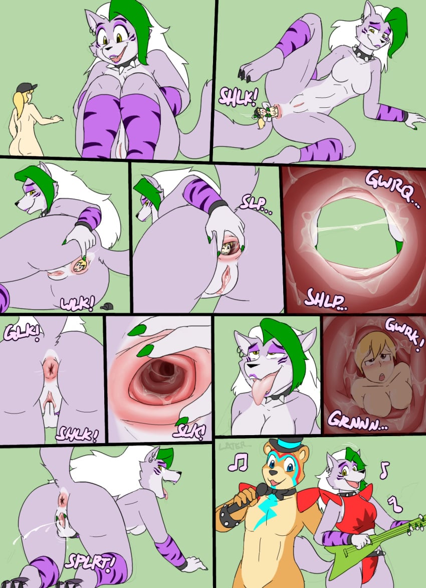 1boy 2girls anal_insertion anal_vore anthro anus blonde_hair blush bracelet canid canine canis clothing collar comic cum cumming duo ejaculation endosoma feet_first female female/female five_nights_at_freddy's five_nights_at_freddy's:_security_breach forced forced_yuri freddy_(fnaf) fur gaping_anus genitals giantess glamrock_freddy_(fnaf) green_highlights grey_body grey_fur hair hat headgear headwear hi_res highlights_(coloring) human inside jewelry large_breasts living_butt_plug living_sex_toy livinlovindude macro male mammal masturbation medium_breasts micro minigirl musical_instrument orgasm penetration pink_anus pussy rape roxanne_wolf_(fnaf) scottgames spiked_bracelet spiked_collar spikes spread_anus spread_butt spread_legs spread_pussy spreading unfinished unwilling_prey unwilling_vore ursid vanessa_(fnaf) video_games vore white_hair wolf yuri