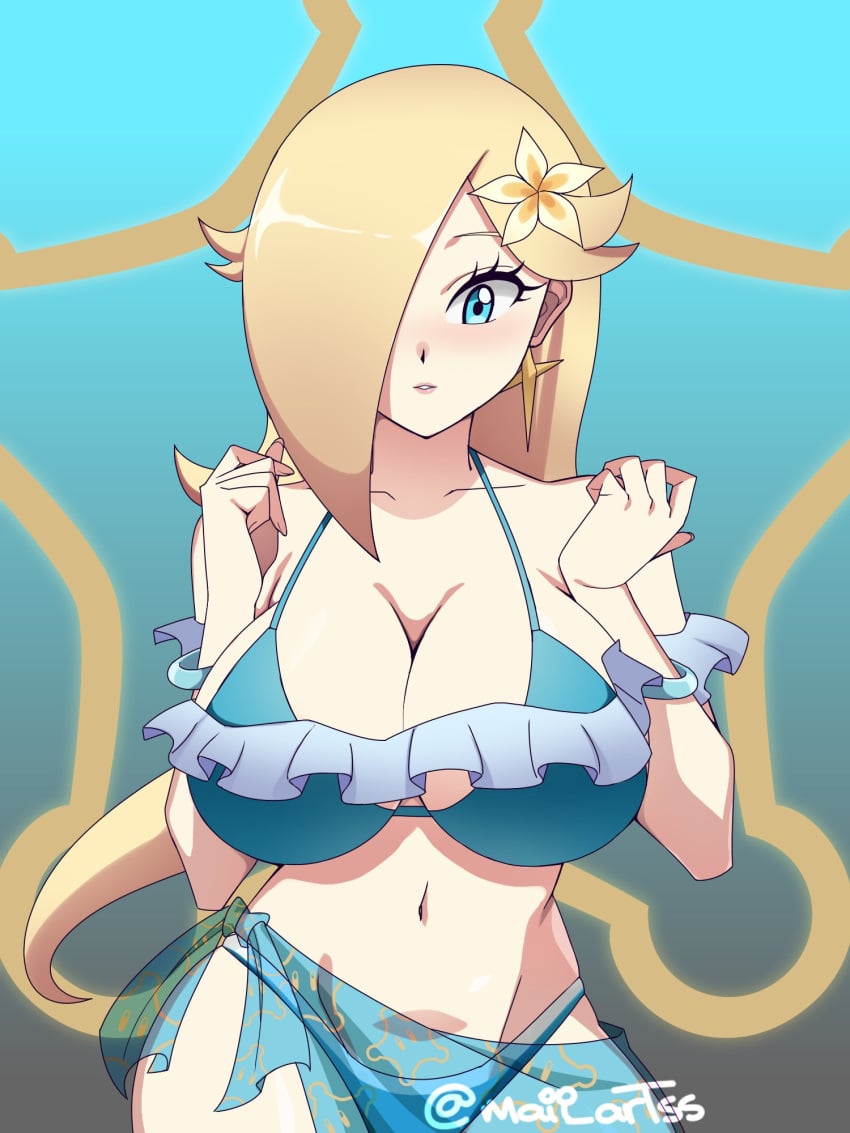 1girls alternate_version_available big_breasts bikini blonde_female blonde_hair blue_bikini blue_eyes breasts busty cleavage exposed_midriff exposed_navel flower flower_in_hair flower_on_head g-string g-string_only hair_over_one_eye huge_breasts large_breasts maii_artss mario_(series) mario_kart mario_kart_tour micro_bikini midriff navel nintendo princess_rosalina sarong string_bikini thong thong_bikini transparent_blue_sarong transparent_sarong