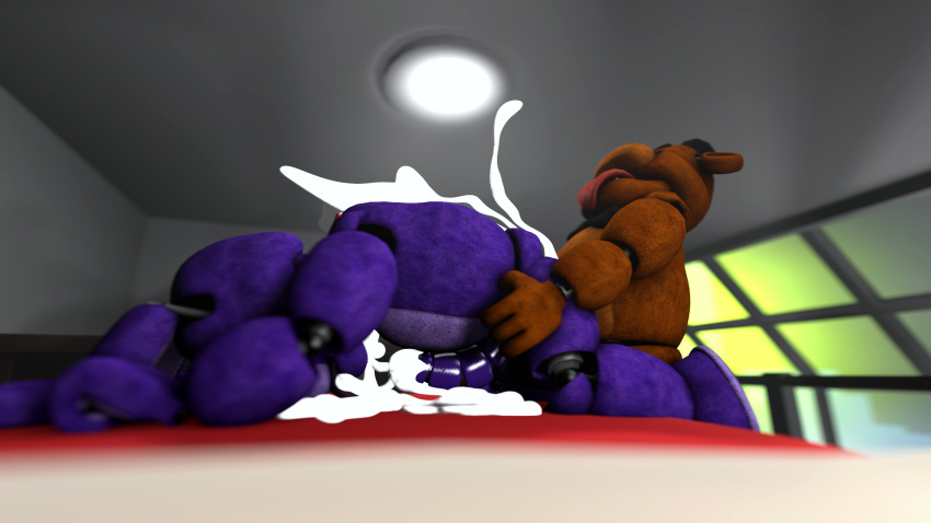 3d bed bedroom bodily_fluids bonnie_the_bunny cum doggy_style ejaculation excessive_cum five_nights_at_freddy's freddy_(fnaf) from_behind_position furniture gay genital_fluids hi_res making_a_mess male male/male male_only non-human on_bed scottgames sex tongue tongue_out video_games