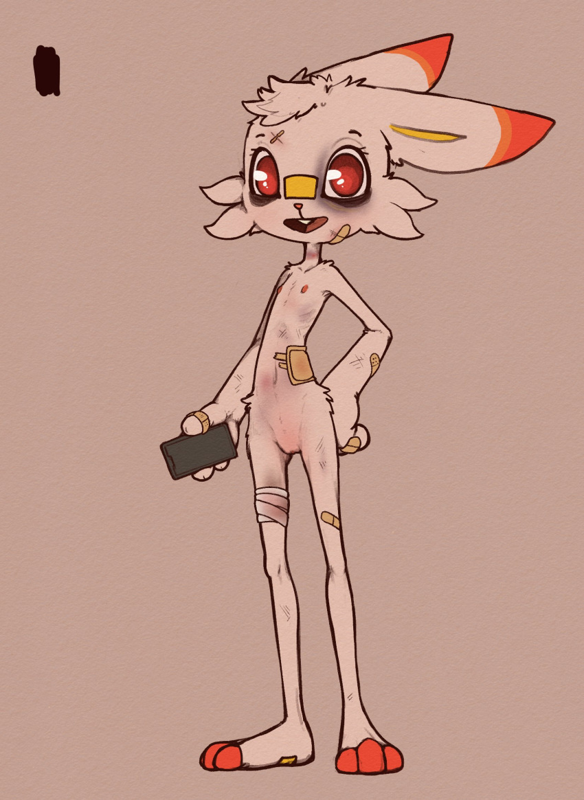 abused anthro bandages female flat_chested genitals grey_background hi_res holding_object hurt injured injuries looking_at_viewer nintendo nude open_mouth phone pokémon_(species) pokémorph pokemon pussy red_eyes scorbunny scruffythedeer simple_background solo video_games white_body