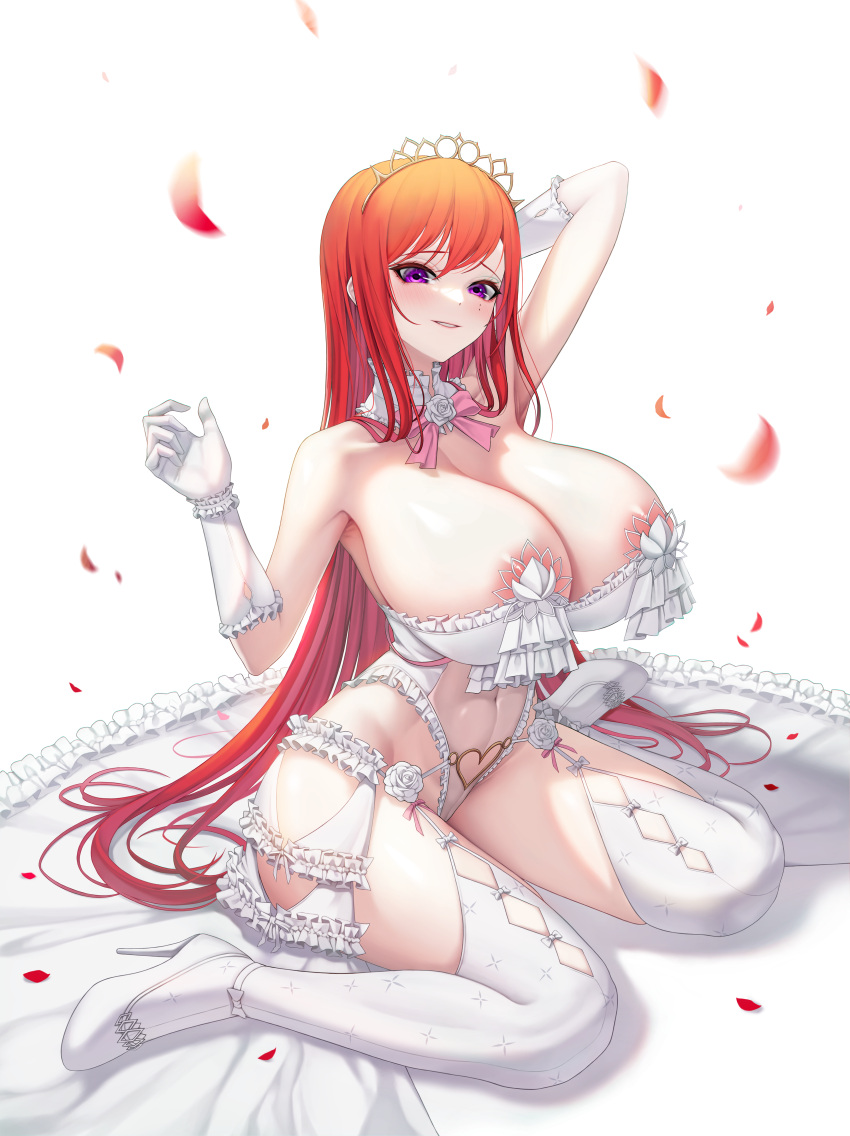 1girls arched_back areola areola_slip areolae arm_up armpit armpits armwear beauty_mark belly belly_button big_breasts blush breasts bridal_lingerie bride busty c-77_hongryeon c-77_hongryeon_(wedding_dress) child_bearing_hips crown curves curvy curvy_body curvy_female curvy_figure female female_only fins_(pixiv29142276) ginger ginger_hair gloves headwear heels high_heels hips huge_breasts large_breasts last_origin legwear light-skinned_female light_skin lingerie mole orange_hair presenting purple_eyes revealing_clothes smile smiling solo tagme thick thick_thighs thighs tummy violet_eyes wedding_dress wedding_lingerie white_background white_clothing white_gloves wide_hips