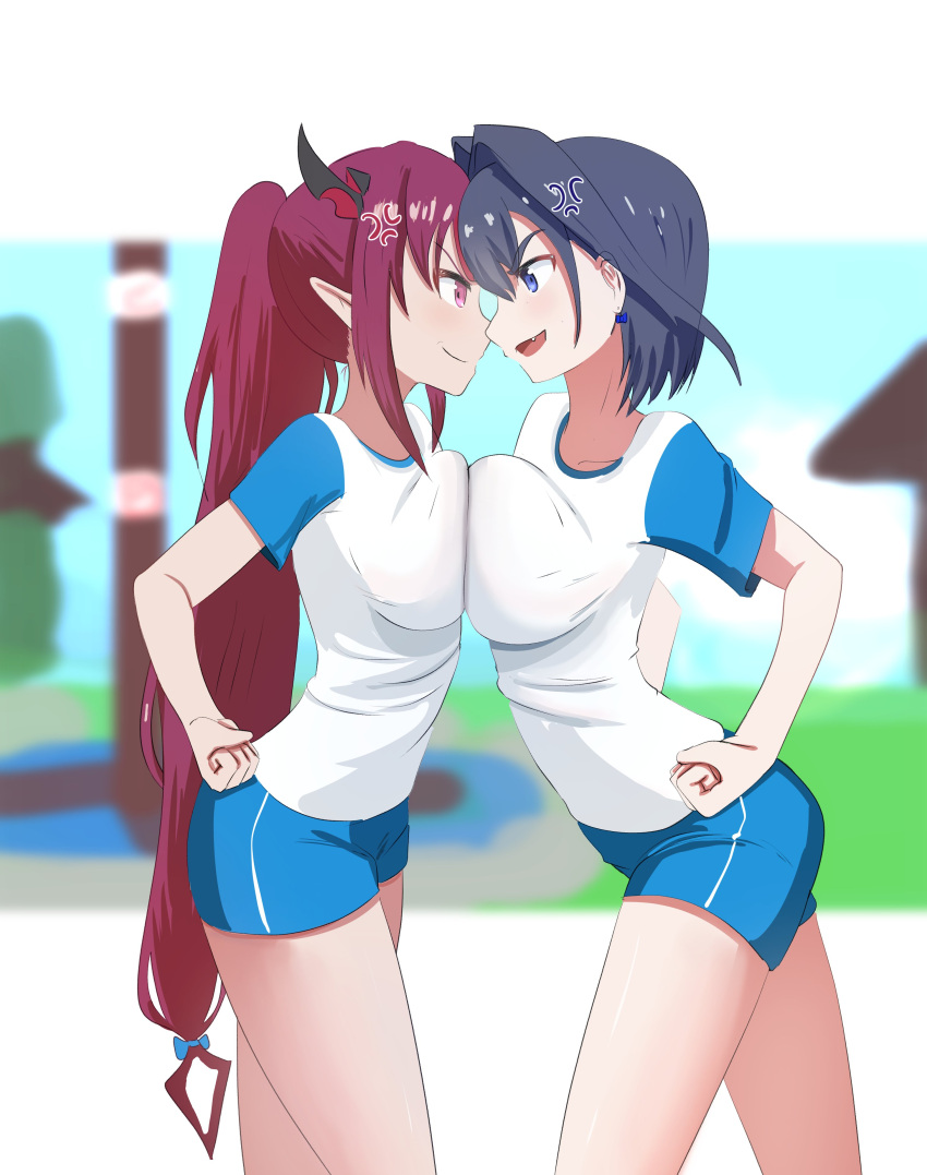 2girls angelchama big_breasts blue_eyes blue_hair female_only hololive hololive_english hololive_english_-council- hololive_english_-promise- horns irys irys_(hololive) long_hair multiple_girls ouro_kronii pressing_breasts_together purple_eyes red_hair short_hair virtual_youtuber workout_clothes