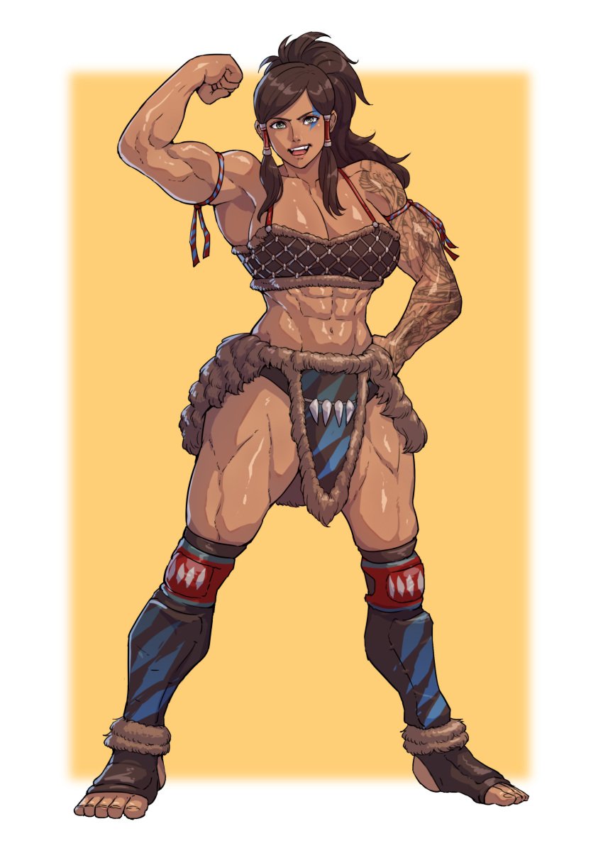 1girls abs amazon arm_tattoo avatar_legends bare_midriff biceps breasts brown_hair cirenk cleavage clothing confident dark-skinned_female dark_skin facepaint female flexing flexing_bicep girl_abs girly_abs green_eyes hand_on_hip korra large_breasts leg_wrap muscular muscular_arms muscular_female muscular_legs muscular_shoulders muscular_thighs navel nickelodeon ponytail smooth_skin solo solo_female strong tattooed_arm the_avatar the_legend_of_korra thunder_thighs toeless_legwear tribal water_tribe