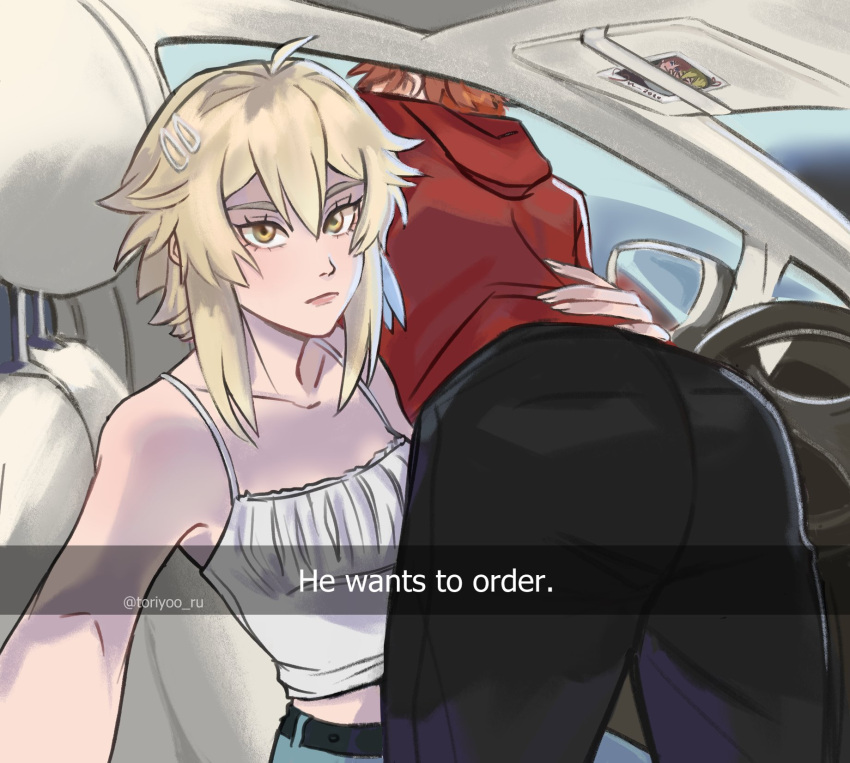 blonde_hair blue_eyes car childe_(genshin_impact) fanon_couple genshin_impact ginger_hair hair_pin he_wants_to_order hoyoverse lumine_(genshin_impact) meme mihoyo red_hoodie selfie straight tartaglia_(genshin_impact) white_hairclip yellow_eyes