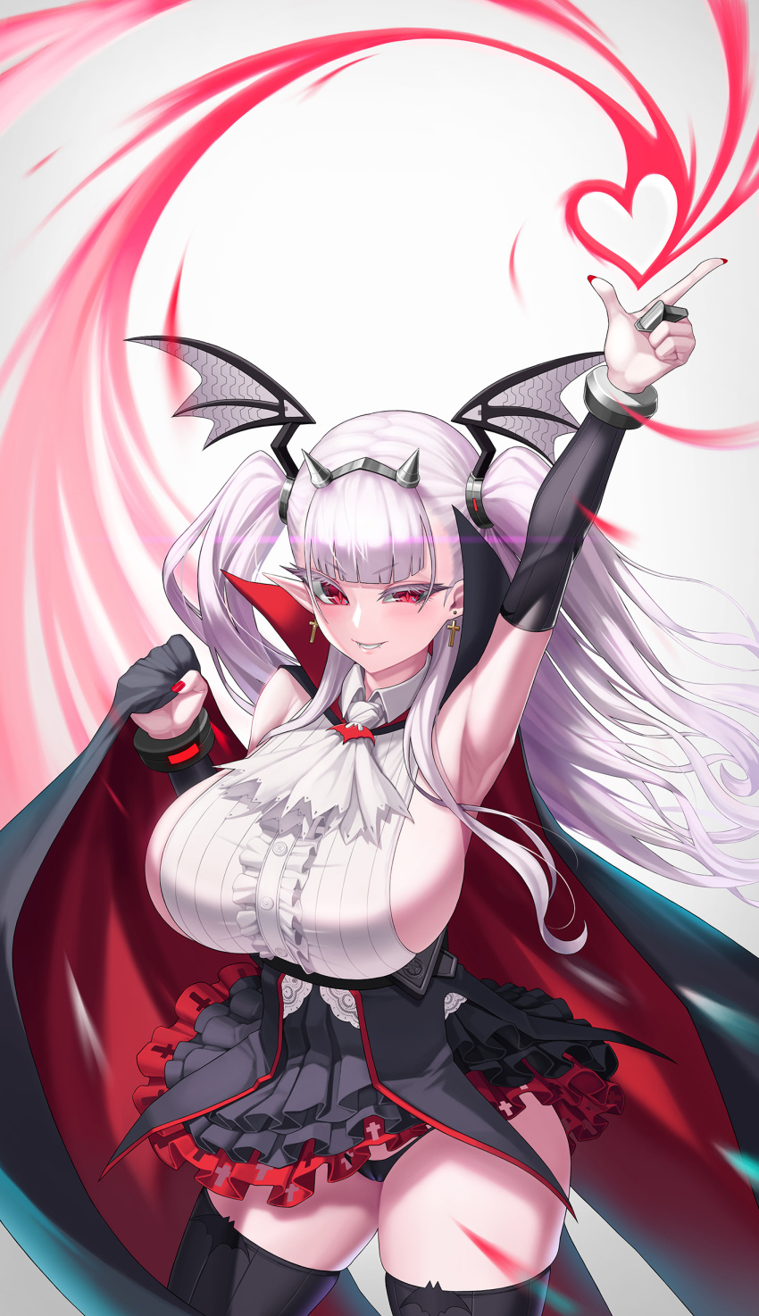 1girls arm_up armpit armpit_fetish armpits armwear bangs bat_motif bat_wings big_breasts breasts busty cape cross cross_earrings curves curvy draculina_(last_origin) earring earrings elf_ears fangs female female_only fins_(pixiv29142276) huge_breasts large_breasts last_origin long_ears monster_girl nail_polish nails painted_nails pale_hair panties pigtails pink_hair pointy_ears red_eyes red_nails revealing_clothes sharp_ears silver_hair smile smiling thick thick_thighs thighhighs thighs twintails vampire vampire_costume vampire_fangs vampire_girl vampire_teeth white_hair wings wings_on_head