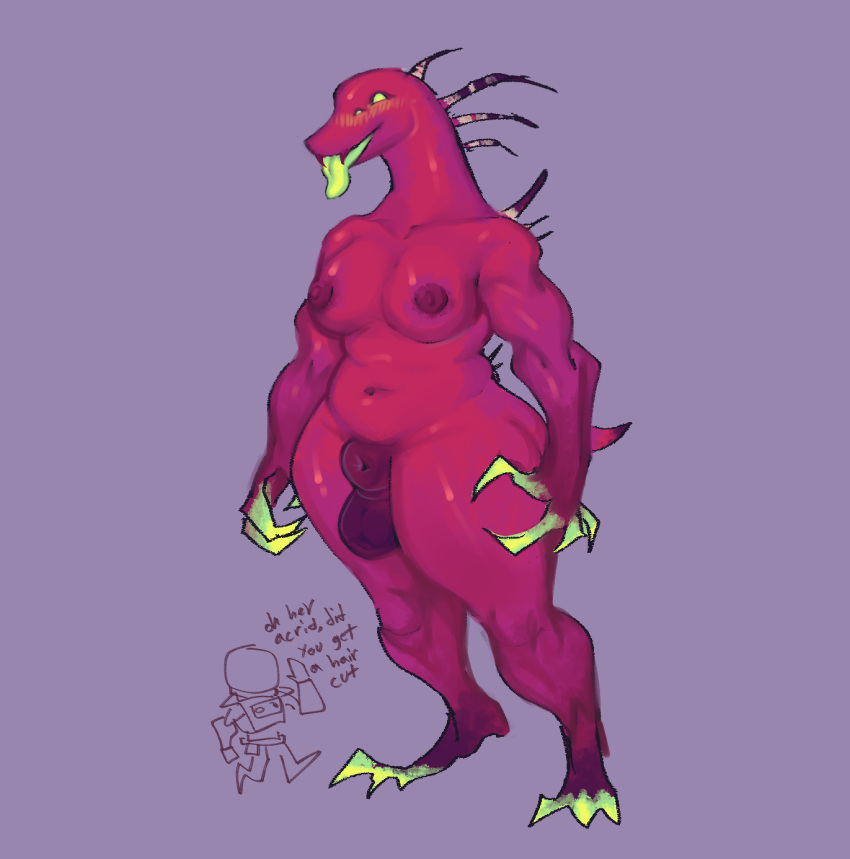 1futa 4_eyes acrid anthro areolae artist_request background_character balls big_breasts breasts claws crocodilian flaccid fully_sheathed futa_only futanari glowing glowing_eyes multi_eye muscular_arms muscular_female nipples nude purple_body red_skin risk_of_rain rule_63 sheath source_request spines standing thick_thighs tongue tongue_out voluptuous wide_hips