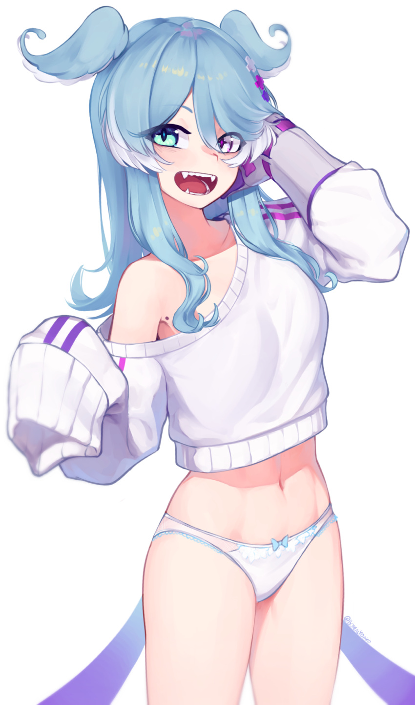 1girls belly_button blue_hair dragon_girl elira_pendora fangs hair_wings heterochromia midriff mole mole_under_armpits navel nijisanji nijisanji_en no_pants open_mouth panties ribbon_on_panties solo solo_focus sweater virtual_youtuber white_panties yoako