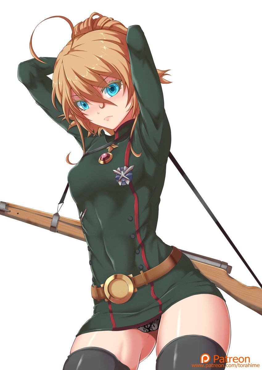 1girls ahoge big_breasts blonde_hair blue_eyes breasts gun military_uniform no_pants panties petite rifle solo solo_female solo_focus stockings tanya_degurechaff thighhighs torahime weapon youjo_senki