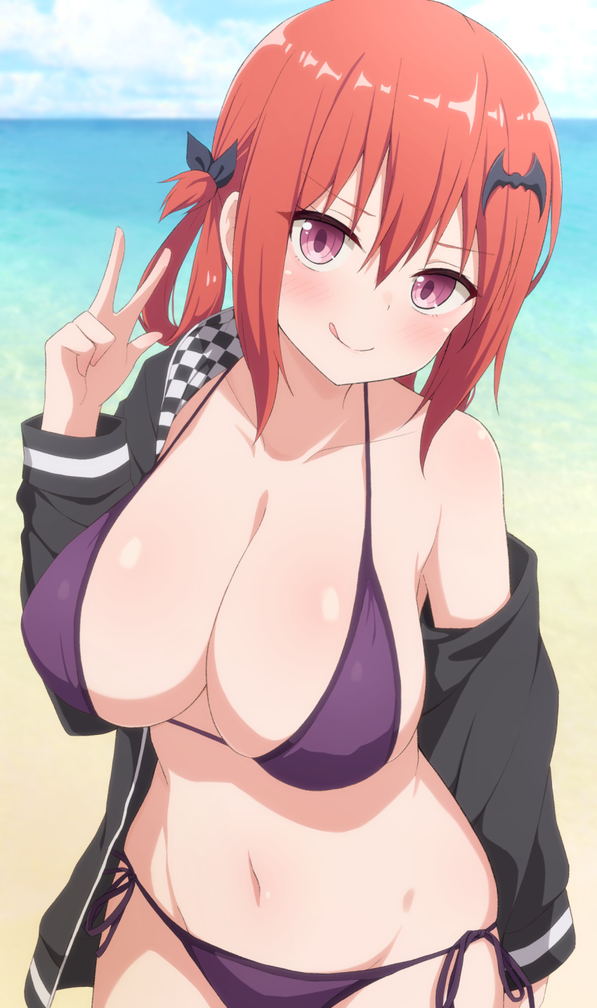 bat_hair_ornament beach bikini blush breasts closed_mouth collarbone day eniraka female gabriel_dropout hair_ornament hair_ribbon halterneck highres kurumizawa_satanichia_mcdowell large_breasts looking_at_viewer navel onidere outdoors purple_bikini purple_eyes red_hair ribbon satanichia_kurumizawa_mcdowell shiny shiny_hair side-tie_bikini sky smile solo string_bikini swimsuit tongue tongue_out