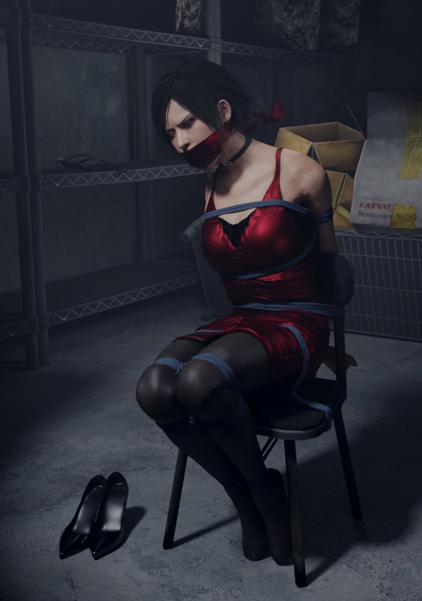 1girls 3d 3d_(artwork) ada_wong ada_wong_(adriana) asian_female black_choker black_high_heels black_pantyhose capcom clothed_bondage female female_only foot_fetish fully_clothed mouth_gag resident_evil resident_evil_2 rope_bondage ropes skvrwiel solo spy storeroom tied_arms_behind_back tied_legs tied_to_chair tied_up