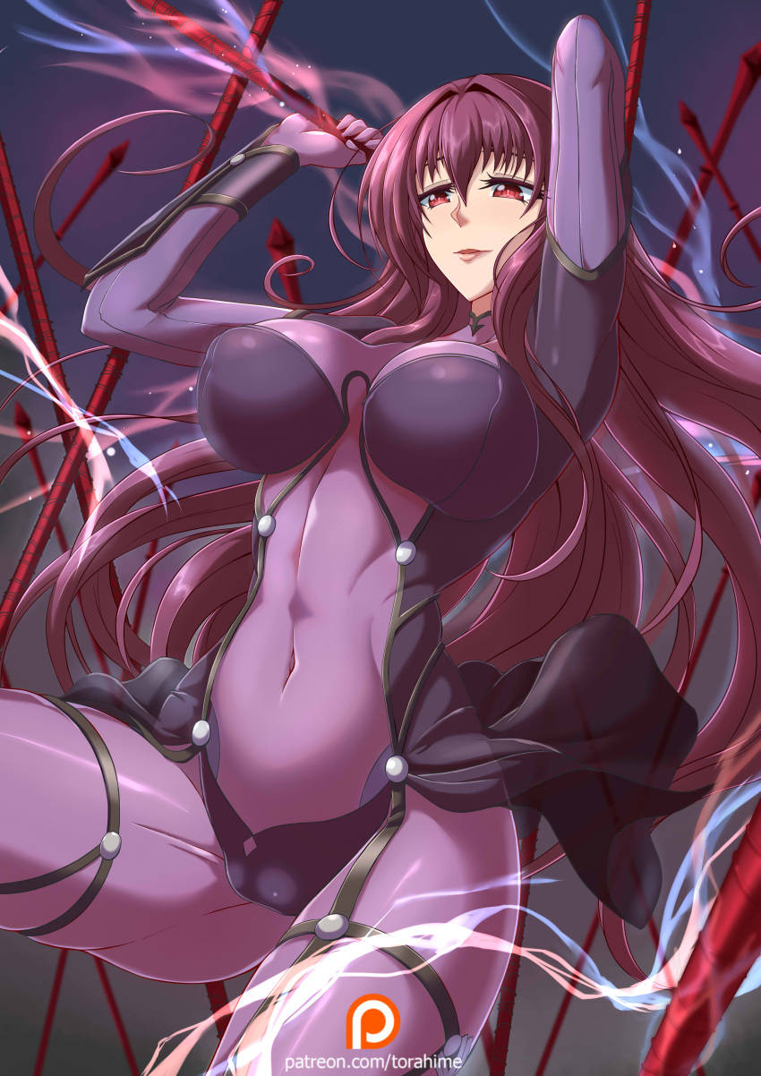 1girls big_breasts breasts fate/grand_order fate_(series) female gritted_teeth imminent_rape large_breasts long_hair nipples purple_hair red_eyes restrained scathach_(fate) shiny skin_tight tagme tentacle torahime torn_clothes