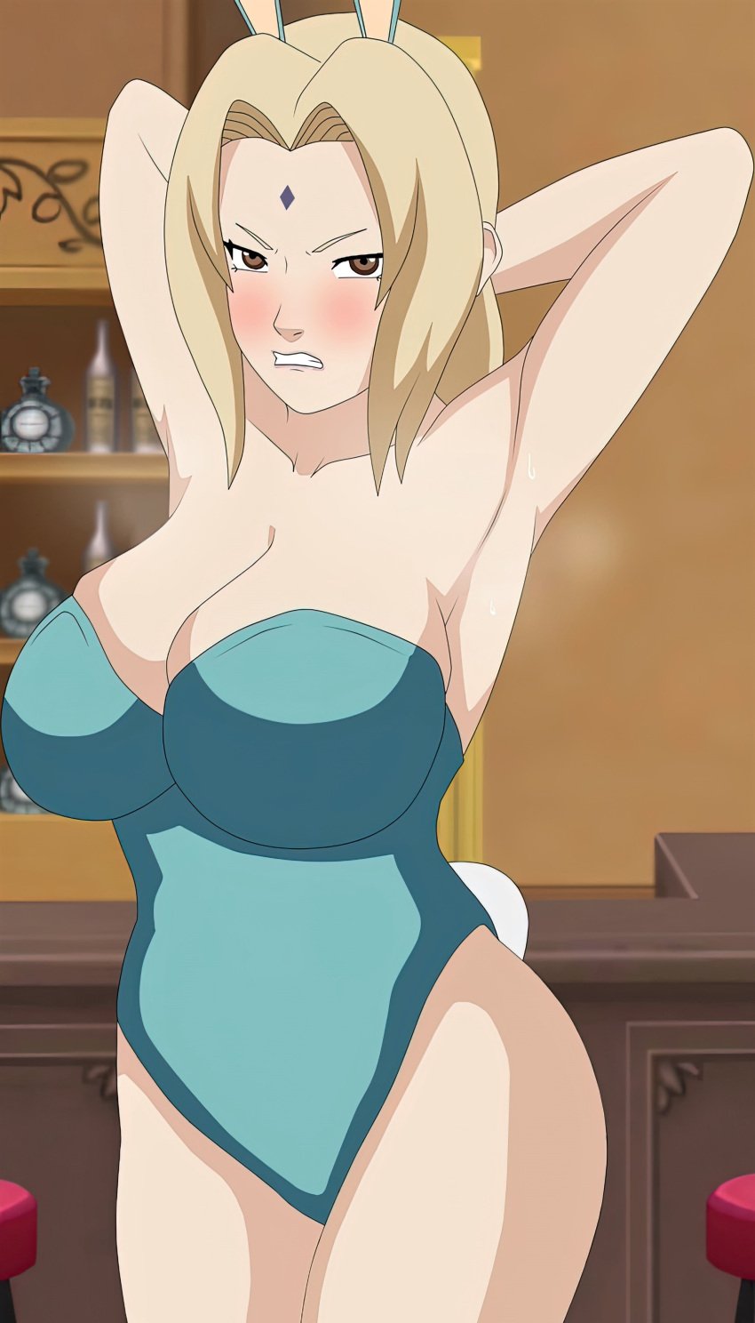 1girls alcohol alternate_version_at_source alternative_costume angry angry_face animal_ears aqua_leotard armpit_fetish armpit_pose armpit_sweat armpits arms_behind_head arms_up bangs bar bare_arms bare_thighs blonde_female blonde_hair blush breasts brown_eyes bunny_ears bunny_tail bunnysuit cleavage clenched_teeth clothing counter cropped cupboard facial_mark female female_only forehead_mark hairline huge_breasts indoors kunoichi large_breasts leotard lipgloss liquor long_hair looking_at_viewer low_twintails mature mature_female mature_woman naruto naruto_(series) naruto_shippuden parted_bangs presenting_armpit rantuahelax shaved_armpit shelf showing_armpits sideboob sleeveless smaller_version_at_source smelly_armpits smooth_armpits solo steaming_body steamy_armpits stool sweat sweaty sweaty_armpits tail tavern teeth thighs third-party_edit tied_hair tsunade twintails upscaled