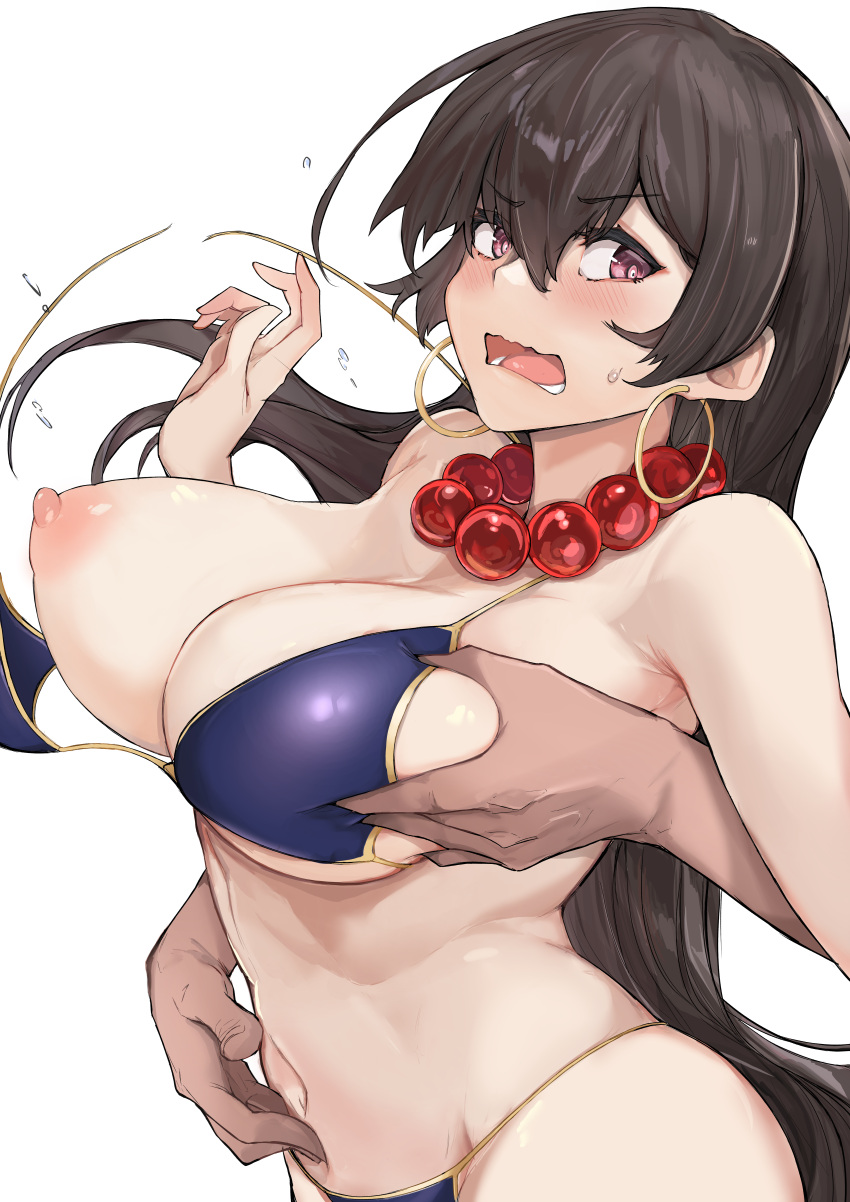 absurdres aogumaptticrash bangs bare_shoulders bead_necklace beads bikini breast_grab breasts brown_hair earrings fate/grand_order fate_(series) female grabbing grabbing_from_behind hair_between_eyes highres hoop_earrings jewelry large_breasts long_hair looking_at_viewer necklace nipples one_breast_out open_mouth prayer_beads purple_bikini purple_eyes solo_focus swimsuit thighhighs xuangzang_sanzang_(fate) xuanzang_(fate)