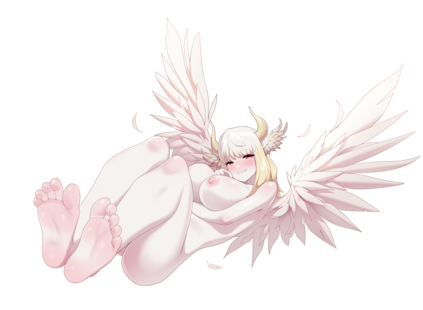 angel angel_wings bare_legs bare_shoulders barefoot breasts character_request copyright_request feathered_wings feathers feet horns huge_breasts long_hair looking_at_viewer maidforge nipples nude smile soles white_background white_wings wings