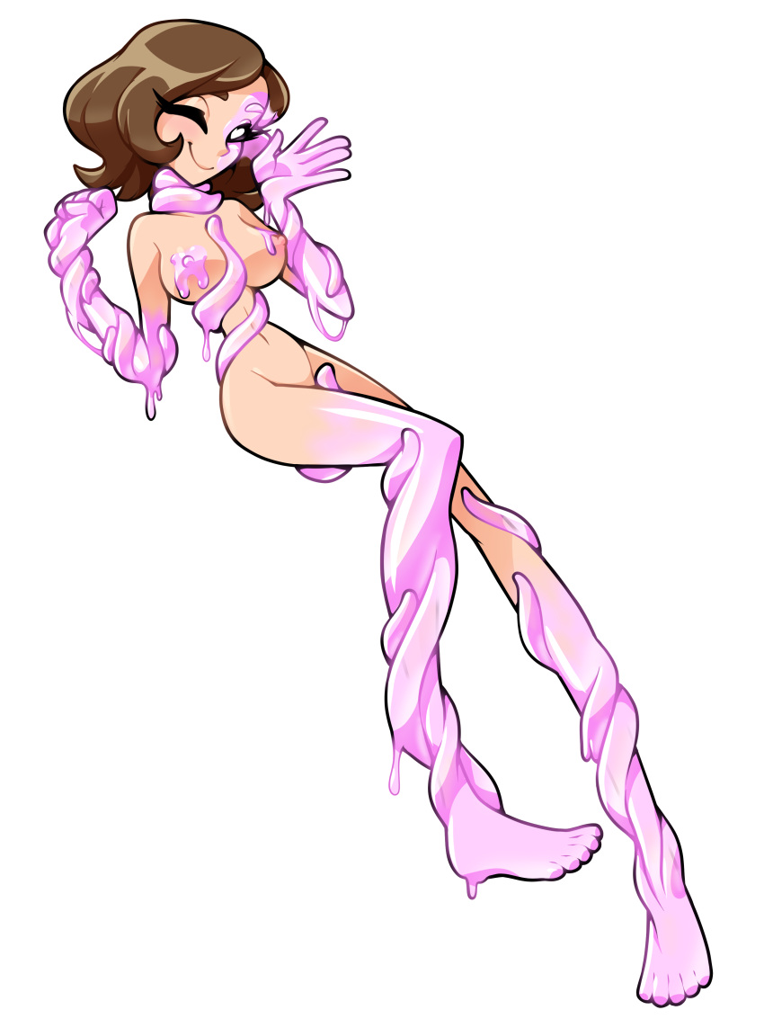 1girls 2022 areolae black_sclera blush breasts brown_hair female female_only full_body heart-shaped_pupils highres humanoid light-skinned_female light_skin long_legs monster_girl nipples one_eye_closed pink_body pose slime slime_girl solo suzy_(thousandarms) thousandarms transparent_background wide_hips wink