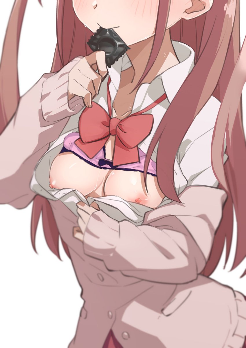 atarashi_ako blush bow bow_bra bra bra_lift breasts breasts_out coat condom condom_in_mouth head_out_of_frame highres medium_breasts morisobo mouth_hold nipples pink_bra pink_hair saki saki_(manga) school_uniform sweat underwear