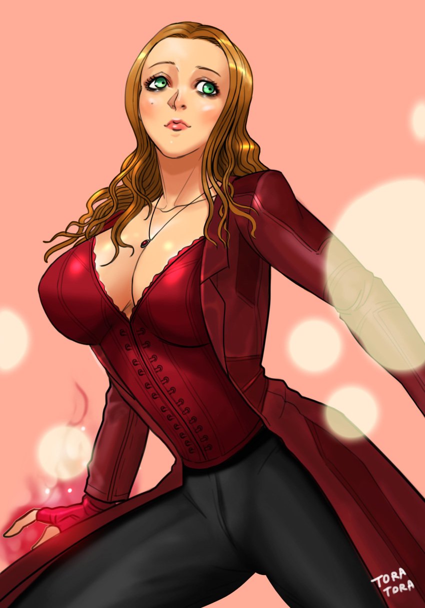 1girls avengers avengers:_infinity_war beauty_mark big_breasts breasts brown_hair bustier cleavage clothed elizabeth_olsen female female_only fully_clothed green_eyes large_breasts long_coat long_hair marvel marvel_cinematic_universe necklace scarlet_witch solo tora_tora wanda_maximoff