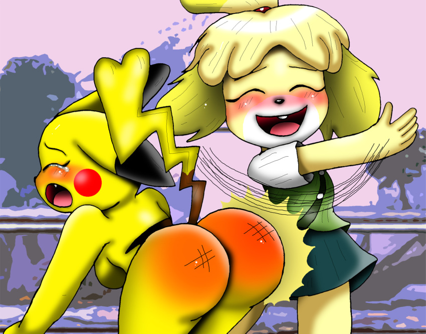 2d 2girls animal_crossing anthro bending_over bent_over blush blushing_profusely closed_eyes crying crying_laughing dominant_female female_dominating_female female_domination femdom femsub fur furry happy_female isabelle_(animal_crossing) nintendo office_lady pikachu pokémon_(species) pokemon rokku-d skirt spank_marks spanked spanked_butt spanking submissive_female super_smash_bros. yellow_fur