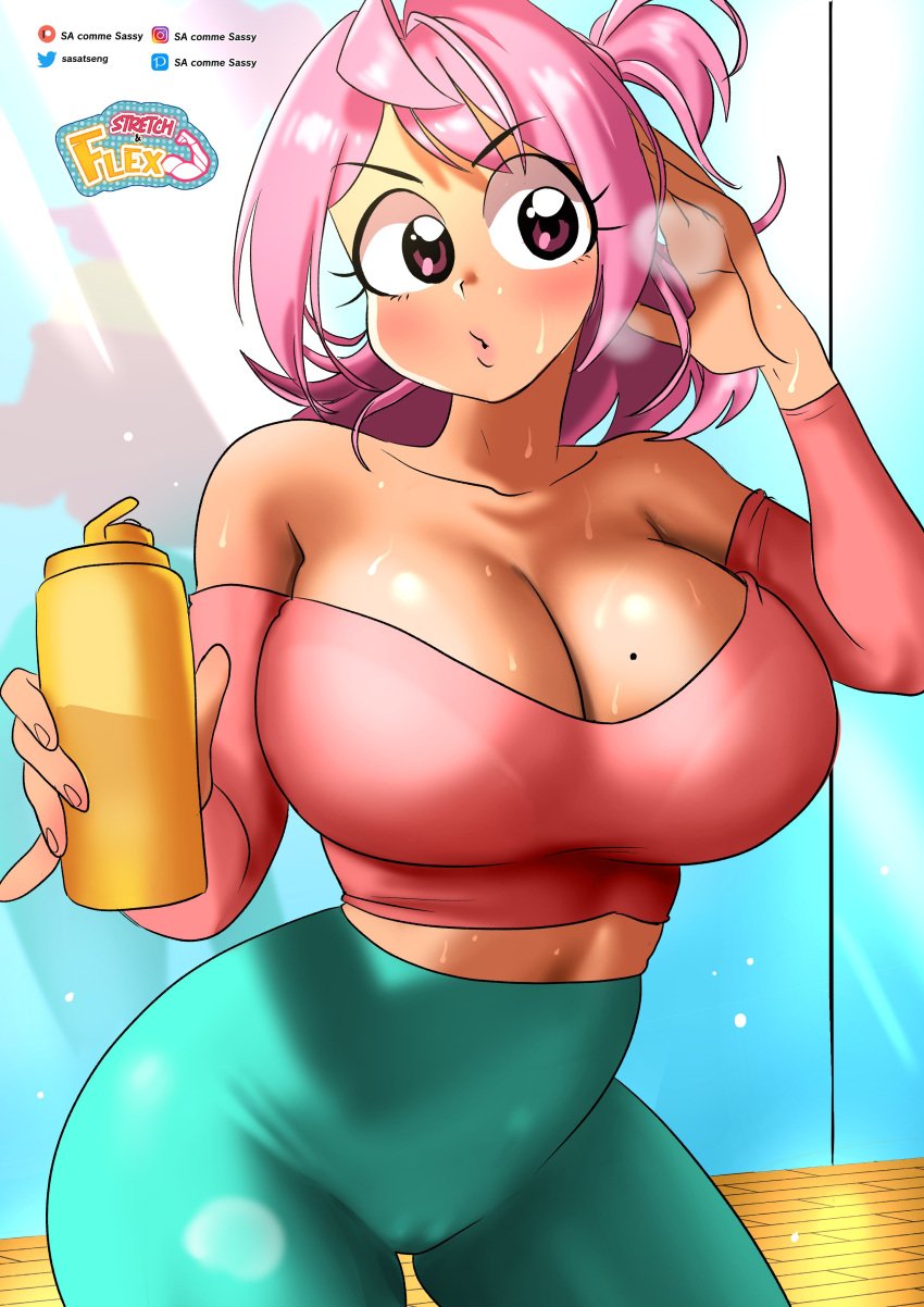 big_breasts breasts cleavage huge_breasts low_cut_top midriff mole_on_breast original original_character pink_eyes pink_hair ruby_(sasatseng) sasatseng shirt sweat sweating sweaty sweaty_breasts thick_thighs thigh_gap water_bottle wide_hips yoga_pants