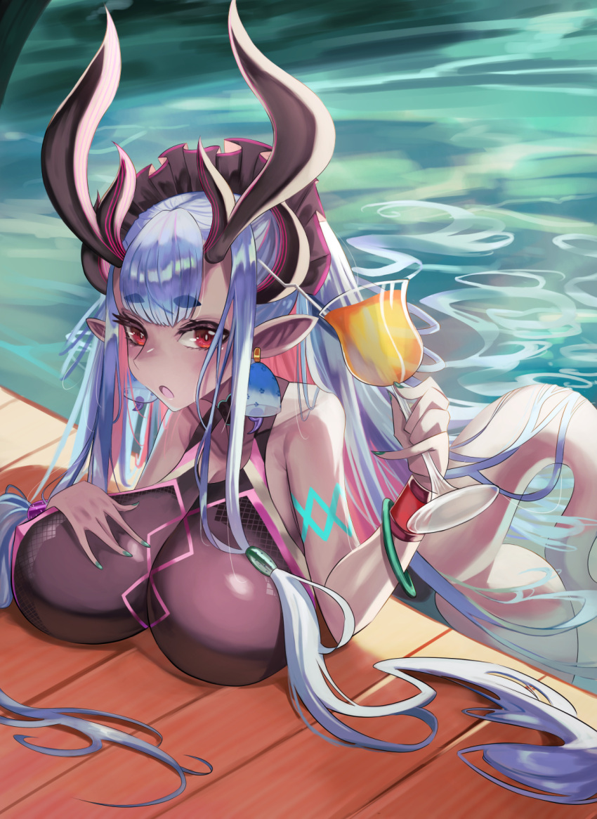 ass bare_shoulders beach big_ass big_breasts blue_hair breasts cup curvy dark-skinned_female dark_skin fat_ass fate/grand_order fate_(series) highres horns hourglass_figure huge_ass huge_breasts ibuki_douji_(fate) ibuki_douji_(first_ascension)_(fate) ibuki_douji_(swimsuit_berserker)_(fate) large_ass large_breasts looking_at_viewer m0_chi monster_girl oni_horns pool red_eyes swimsuit tail thick_ass thick_thighs voluptuous wet