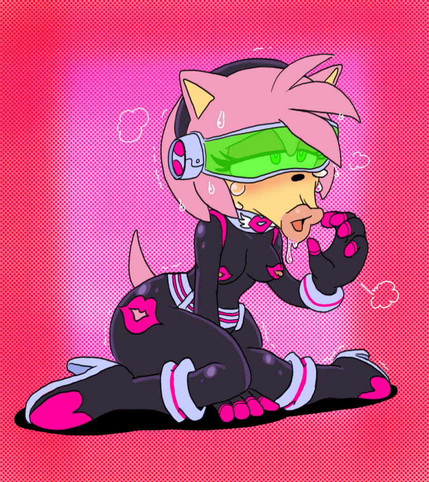 :>= amy_rose amy_the_bat anthro blowjob_face bodysuit fellatian fellatio_face female green-tinted_eyewear high_heels hyliaanan hypnosis lips mind_control nipples panting rouge_the_bat_(cosplay) sega sonic_(series) sonic_the_hedgehog_(series) submissive submissive_female tech_control tinted_eyewear visor