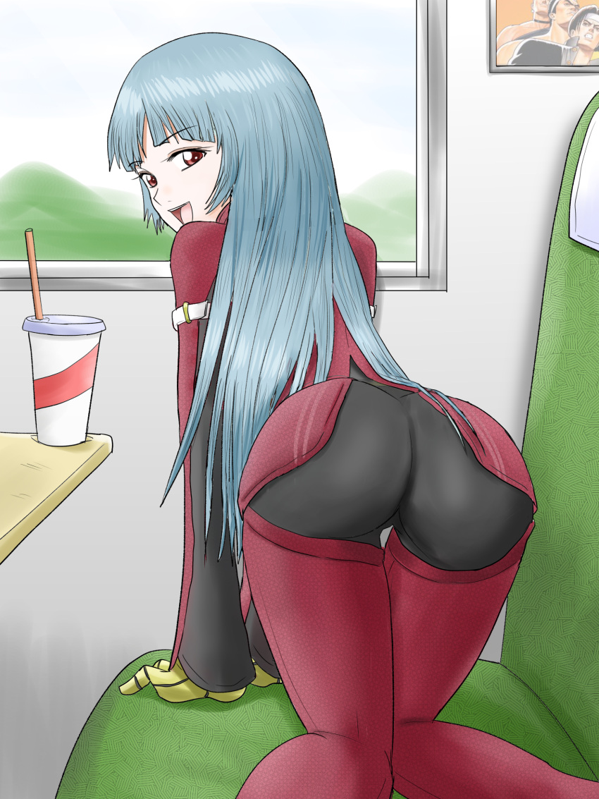 1girls all_fours ass ass_focus bangs belt bench big_ass blue_hair bodysuit come_hither cup daimon_gorou drinking_straw female gloves harukai-i highres king_of_fighters kula_diamond kusanagi_kyou long_hair looking_at_viewer nikaidou_benimaru purple_eyes smile table windows_2000