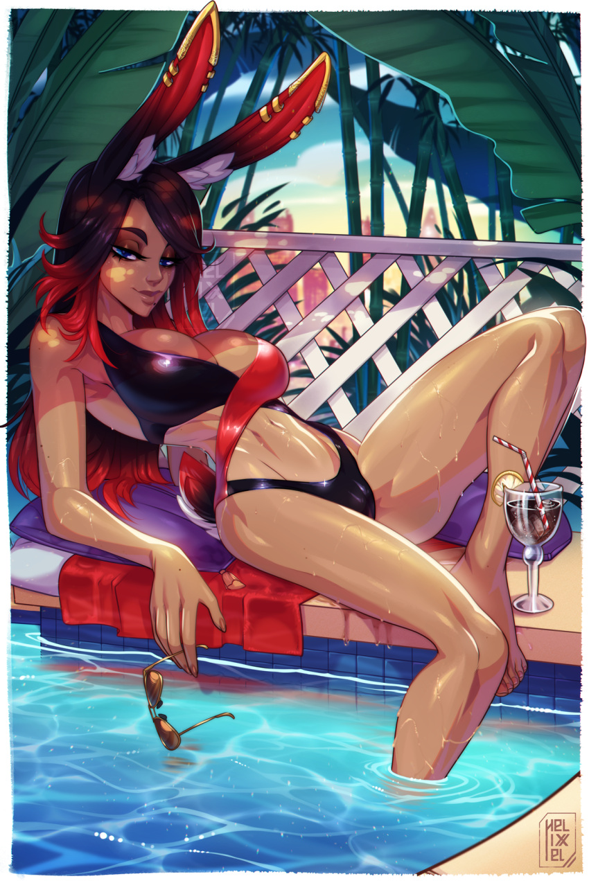 bedroom_eyes big_breasts bikini black_hair blue_eyes breasts bunny_ears bunny_girl bunny_tail cityscape cola drink dripping ear_fluff earrings eyewear_removed gold_jewelry helixel kirih kirih_(sword_scream) kirih_shiraishi latex lemon_slice palm_leaf pillow pool red_hair sling_bikini sunglasses sunglasses_removed tail tanning two_tone_hair wet_clothes wet_skin white_ear_fluff