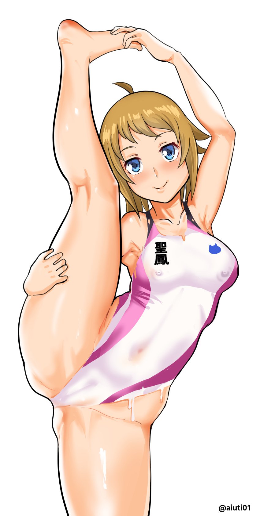 absurdres ahoge aiuti arm_up armpits ass barefoot blonde_female blonde_hair blue_eyes blush bodypaint breasts completely_nude female gundam gundam_build_fighters gundam_build_fighters_try highres hoshino_fumina long_hair looking_at_viewer navel nipples nude painted_clothes pussy simple_background smile solo split standing standing_on_one_leg standing_split white_background