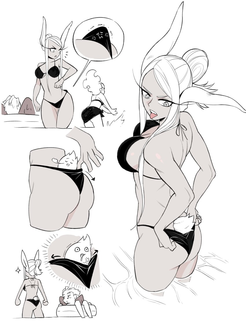 1girls ass beach bikini bikini_bottom bikini_pull breasts bunny_ears bunny_tail bunnygirl burnin_(my_hero_academia) busty dark-skinned_female dark_skin eyelashes eyeliner female female_focus female_only hairbun hawks_(my_hero_academia) in_water kopam looking_at_ass miruko my_hero_academia rabbit_ears rabbit_tail summer