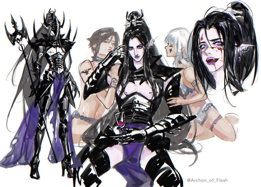 1girls 2022 2boys alcohol archon_of_flesh armor artist_signature asdrubael_vect black_armor black_gauntlets black_hair black_thighhighs both_sexes_in_same_situation dark_eldar dominant_male drukhari effeminate elf_ears femboy feminine_male gauntlets girly high_heels holding_glass holding_object holding_wine_glass loincloth long_hair_male male_focus nightmare_husbando nipple_piercing pale-skinned_male pale_skin pierced_nipples pointy_ears purple_eyes purple_lipstick purple_loincloth sadistic sadistic_smile sex_slave simple_background sitting slave slaveboy slavegirl spiked_armor spread_legs thighhighs very_long_hair warhammer_(franchise) warhammer_40k white_background white_hair wine wine_glass