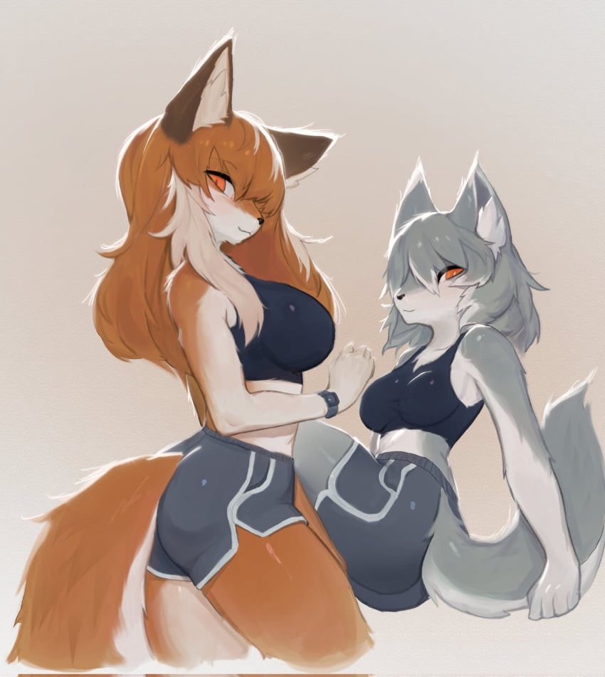 anthro big_breasts breasts female furry red_eyes shorts soda_uyu sports_bra tagme tail