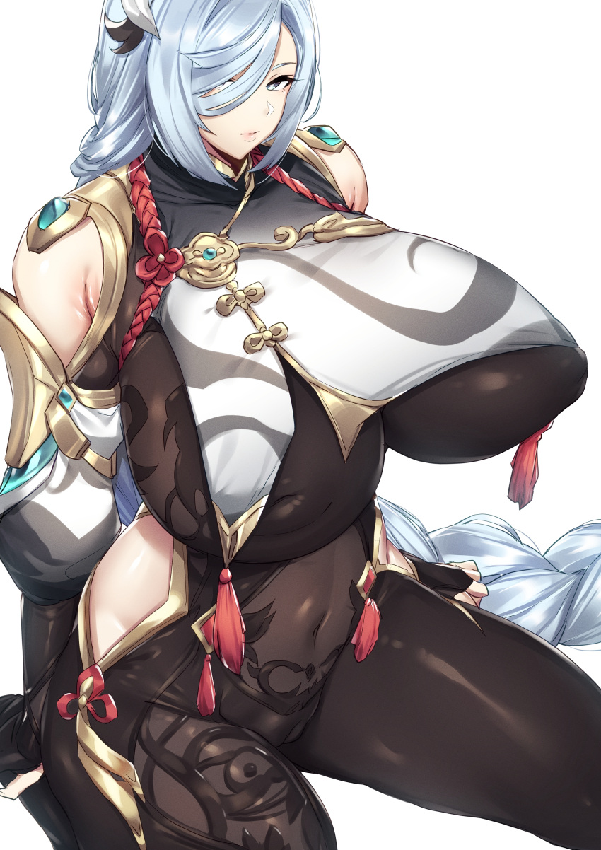 1girls 2022 absurd_res alternate_body_type blue_eyes bodystocking breasts clothed clothed_female curvaceous female genshin_impact hair_over_one_eye hi_res hips huge_breasts long_hair massive_breasts puffy_nipples shenhe_(genshin_impact) thick_thighs thighs thirty_8ght thunder_thighs venus_body voluptuous white_hair wide_hips