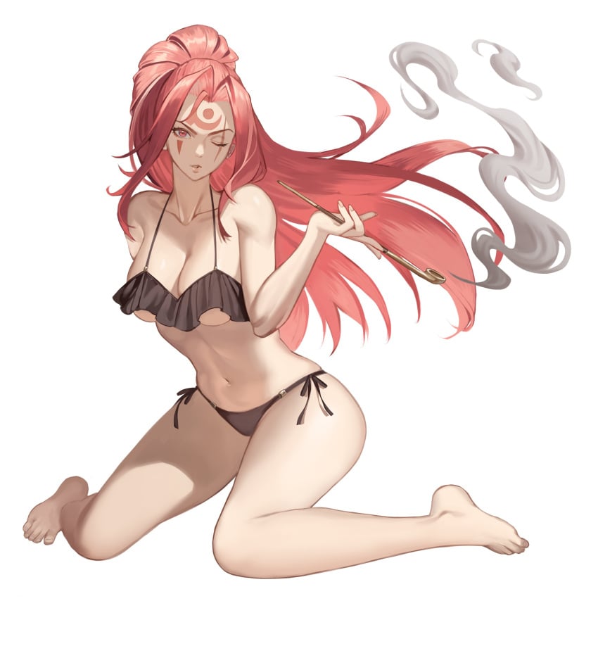 amputated amputated_arm amputee baiken bare_shoulders big_breasts breasts busty curves curvy face_markings guilty_gear kiseru large_breasts legs lips long_hair markings mature_female missing_arm missing_eye on_floor one_arm one_armed one_eye one_eye_closed pink_hair red_eyes revealing_clothes revealing_swimsuit scar scar_across_eye scar_on_face scarred scarred_face scars scars_on_face shoulders smoke smoking swimsuit swimwear thick thighs tied_hair uirusu_chan underboob white_background