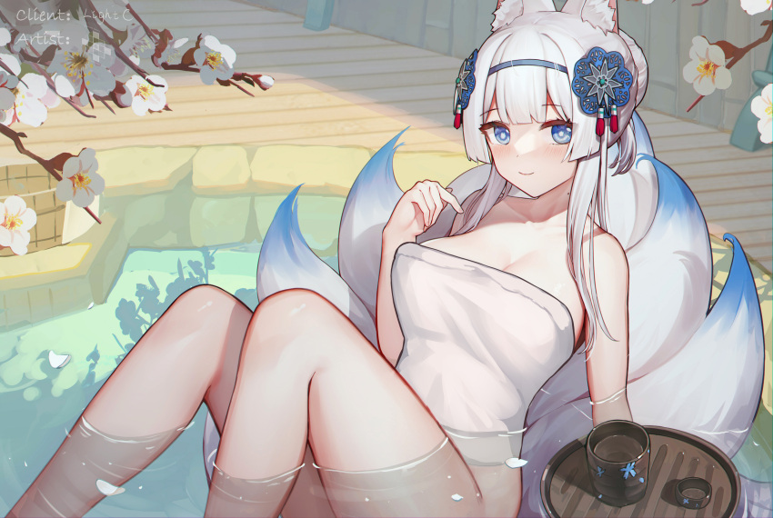 absurdres animal_ears bare_arms bare_shoulders bathing blue_eyes blue_hairband blush breasts character_request cleavage clover_theater commentary commission cup cyanide-whale english_commentary female flower fox_ears fox_girl fox_tail hair_ornament hairband hand_up highres kitsune large_breasts looking_at_viewer multiple_tails naked_towel solo tail towel water white_flower white_hair