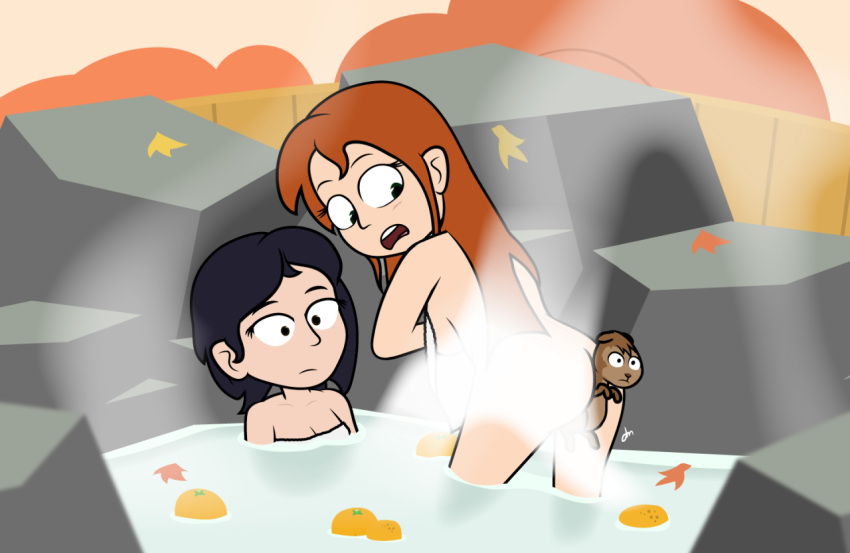 1animal 1boy 2girls ass autumn autumn_leaves black_hair convenient_censoring dm29 holding_towel hot_spring leaves light-skinned_female long_hair naked naked_female nude nude_female onsen orange_hair oranges pale-skinned_female rocks sandra_tang seth_the_squirrel_boy shocked shocked_expression shocked_eyes shocked_face short_hair squirrel standing_up steam steam_censor towel trudy_lin yours_trudy zoophilia