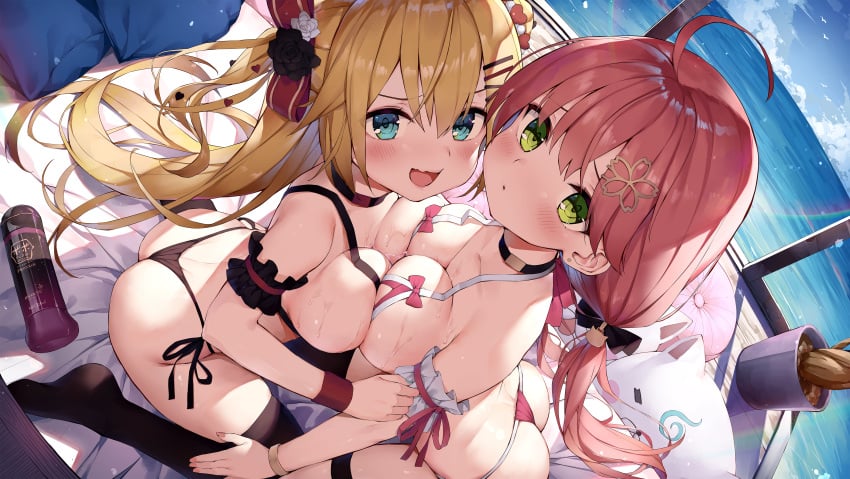 2girls :d :o absurdres ahoge akai_haato arm_ribbon arm_scrunchie armband ass ass_cleavage balcony bangs beach bed_sheet bikini black_bikini black_legwear blonde_hair blue_eyes blue_nails blue_sky blush bottle breast_press breasts bust_cup butt_crack cat_hair_ornament cherry_hair_ornament choker closed_mouth cloud commentary cushion day dutch_angle ear_piercing female female_only flower food-themed_hair_ornament from_above green_eyes hair_between_eyes hair_flower hair_ornament hair_ribbon hairclip heart heart_hair_ornament highres hololive hololive_gen_0 hololive_gen_1 hololive_japan kneeling large_breasts long_hair looking_at_viewer lotion_bottle low_twintails lube multiple_girls nail_polish ocean oerba_yun_fang open_mouth piercing pillow pink_bikini pink_nails rainbow red_hair ribbon sakura_miko side-tie_bikini_bottom sky smile stuffed_toy sunlight swimsuit sy4 sy4may0 symmetrical_docking thigh_strap thighhighs twintails very_long_hair virtual_youtuber water wet wristband