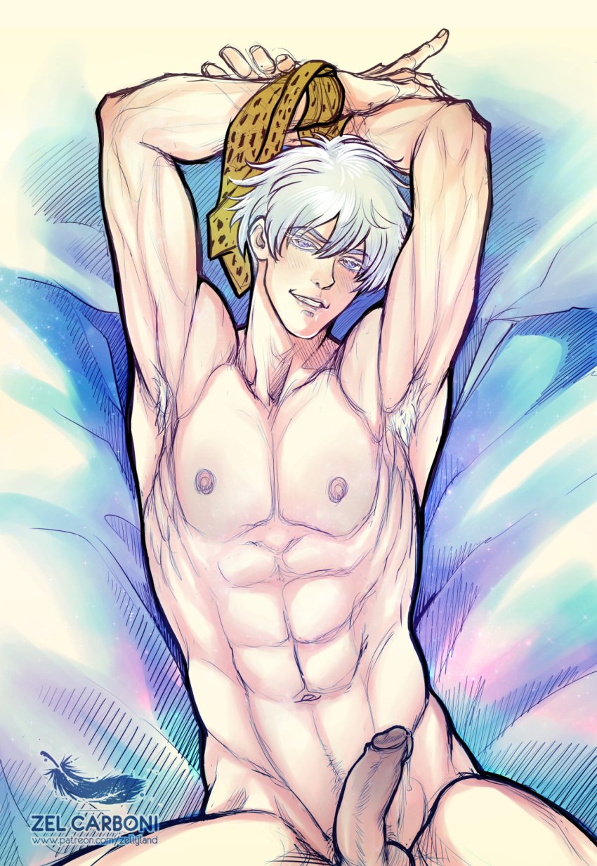 1boy abs armpit_hair armpits erection jujutsu_kaisen male_only muscular_male nude_male pectorals penis satoru_gojo solo solo_male tie toned_male white_eyelashes white_hair white_hair_male zellyland