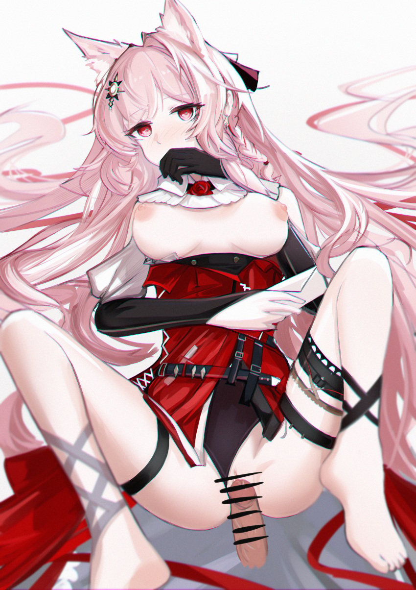 absurdres animal_ear_fluff animal_ears arknights asymmetrical_gloves bar_censor barefoot black_panties blush braid breasts breasts_out censored clothing_aside covering_mouth disembodied_penis envelope erection extra_ears female hair_ornament hand_up high-waist_skirt highres holding holding_envelope imminent_penetration imminent_vaginal large_breasts leg_wrap long_hair looking_at_viewer lying m_legs mizuhashi_parusui nipples no_bra on_back panties panties_aside penis pink_hair pozyomka_(arknights) pussy red_eyes red_skirt skirt solo_focus spread_legs thigh_strap underwear very_long_hair wolf_ears wolf_girl