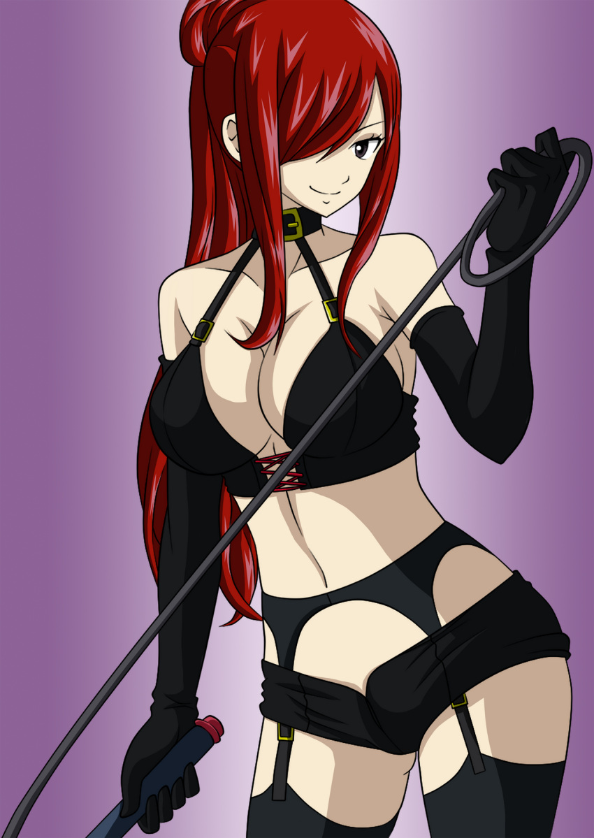 1girls black_bra black_elbow_gloves black_eyes black_garter_belt black_garter_straps black_gloves black_legwear black_lingerie black_long_gloves black_shorts black_thighhighs bra breasts choker dominatrix elbow_gloves erza_scarlet fairy_tail female female_only garter_belt garter_straps gloves hair_over_one_eye holding_whip krazykamikaze44 large_breasts lingerie long_gloves looking_at_viewer ponytail red_hair shorts smiling_at_viewer solo thighhighs whip