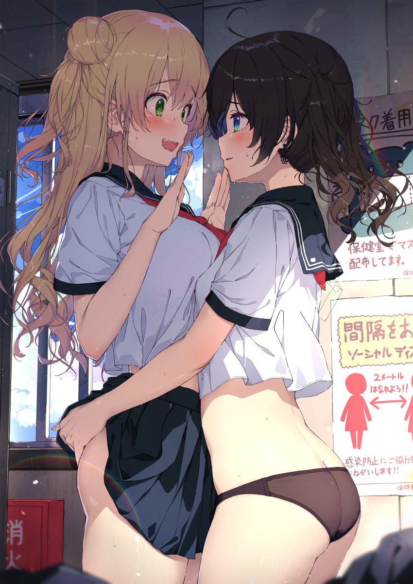 2girls :d @_@ absurd_res absurdres ahoge ass ass_cleavage asymmetrical_docking big_breasts black_hair black_panties black_skirt blonde_hair blue_eyes breast_press breasts butt_crack check_translation clothes_lift cowboy_shot crop_top crop_top_overhang earrings eye_contact female female_only green_eyes hair_bun hand_on_another's_ass hands_up hi_res highres hololive hololive_gen_1 hololive_gen_5 hololive_japan indoors jewelry large_breasts lifted_by_another long_hair looking_at_another midriff midriff_peek miniskirt momosuzu_nene multiple_girls natsuiro_matsuri no_pants open_mouth panties parted_lips pleated_skirt sailor_collar school_uniform see-through serafuku shirt short_sleeves single_hair_bun skirt skirt_lift smile standing sy4 sy4may0 translation_request twintails underwear virtual_youtuber wet white_shirt window yuri