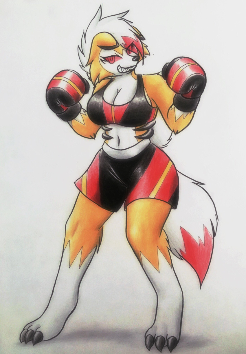 1girls barefoot big_breasts boxing boxing_gloves bra breasts clawed_toes cleavage clothing dusk_lycanroc female female_only furry gloves long_hair looking_at_viewer lycanroc nintendo pokémon_(species) pokemon red_eyes sharp_teeth shorts solo sports_bra sportswear tail the_k9_team thick thick_hips thick_tail thick_thighs traditional_media_(artwork) white_fur white_hair wide_hips yellow_fur