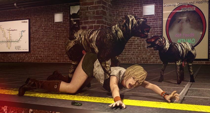 3d 3d_(artwork) all_fours ambiguous_penetration blonde_hair boots canine doggy_style double_head forced from_behind geebee heather_mason penetration rape screaming sex short_hair silent_hill silent_hill_3 skirt zoophilia