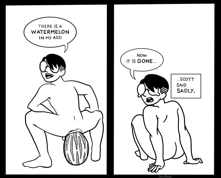 1boy 1male 2_panel_comic anal_insertion anal_object_insertion anal_sex anal_stretching black_and_white black_hair comic glasses kezzdawg male male_only parody scott_mccloud tears watermelon watermelon_insertion white_skin