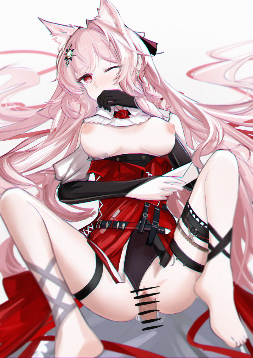 absurdres animal_ear_fluff animal_ears arknights asymmetrical_gloves bar_censor barefoot black_panties blush braid breasts breasts_out censored clothing_aside covering_mouth disembodied_penis envelope erection extra_ears female hair_ornament hand_up high-waist_skirt highres holding holding_envelope large_breasts leg_wrap long_hair looking_at_viewer lying m_legs mizuhashi_parusui nipples no_bra on_back one_eye_closed panties panties_aside penis pink_hair pozyomka_(arknights) pussy red_eyes red_skirt sex skirt solo_focus spread_legs thigh_strap underwear vaginal_penetration very_long_hair wolf_ears wolf_girl