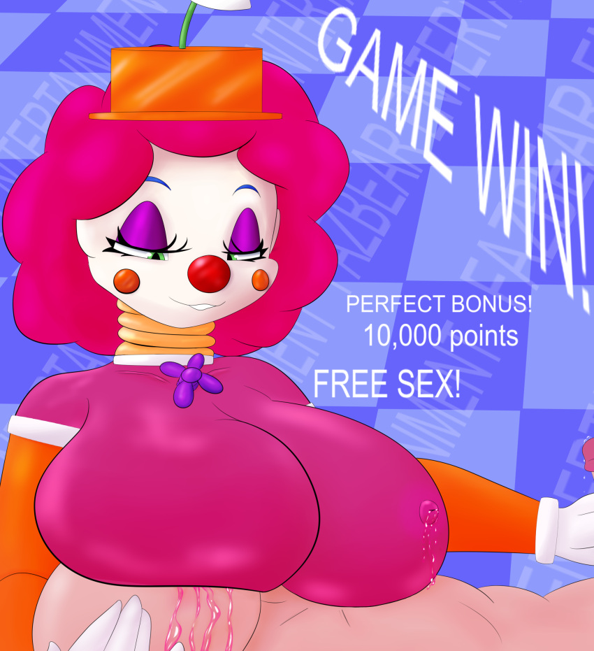 1boy 1girls accessory anon anonymous big_breasts breast_sucking breasts clown clown_girl clussy desesperadoleon duo female five_nights_at_freddy's freddy_fazbear's_pizzeria_simulator fruit_punch_clown genitals handjob hat lactation male male/female masturbation milking multicolored_body nipples nursing_handjob orange_body penis pink_hair precum precum_drip purple_body scottgames