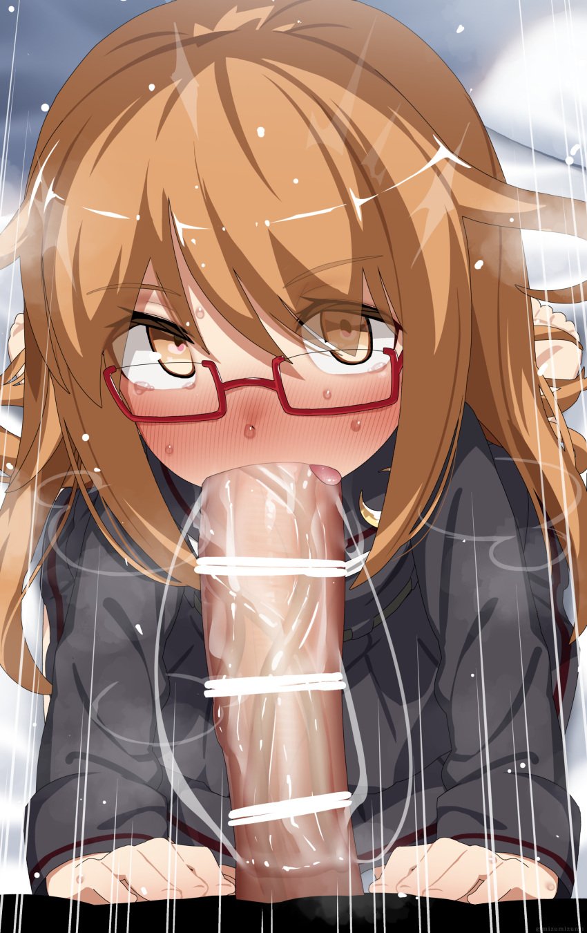 1boy absurdres bar_censor blush censored commission erection fellatio female glasses highres kantai_collection large_penis long_sleeves looking_at_viewer mizumizuni mochizuki_(kantai_collection) oral orange_hair penis pov red-framed_eyewear sailor_collar saliva skeb_commission straight sweat veins veiny_penis