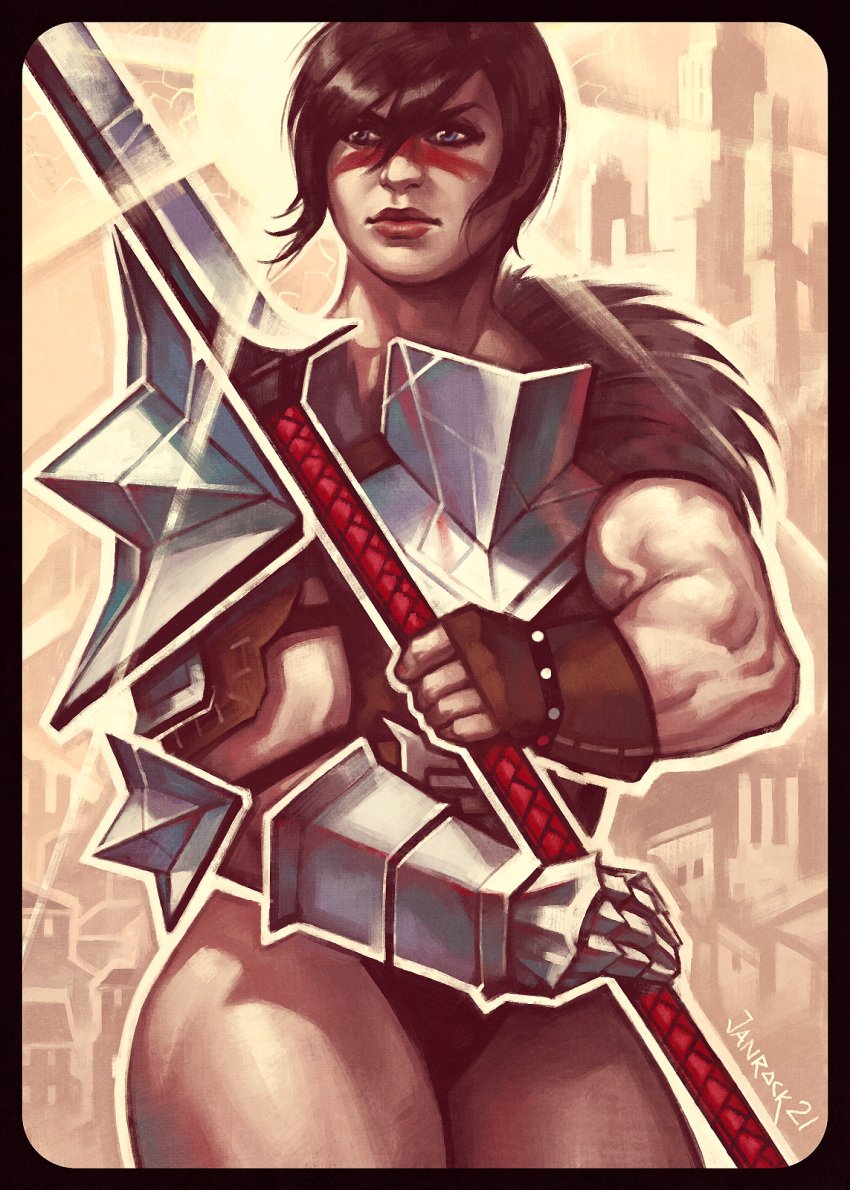 1girls armor black_hair blue_eyes body_armor dragon_age dragon_age_2 female hawke janrock muscular muscular_arms muscular_female muscular_legs short_hair thick thick_lips thick_thighs weapon wide_hips