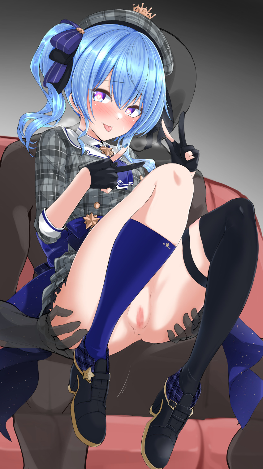 :p absurdres anus ascot ass_grab asymmetrical_legwear beret blue_eyes blue_hair blush breath censored faceless faceless_male female gloves hair_between_eyes hat heart heart-shaped_pupils highres hololive hololive_gen_0 hololive_japan hoshimachi_suisei looking_at_viewer mcp150_plus medium_hair mosaic_censoring partially_fingerless_gloves pussy shoes side_ponytail single_thighhigh smile socks solo star_(symbol) star_in_eye symbol-shaped_pupils symbol_in_eye thighhighs tongue tongue_out virtual_youtuber