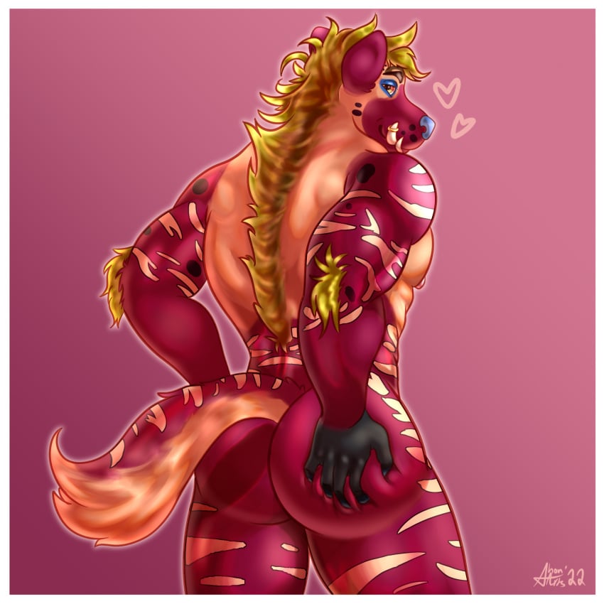 1:1 2022 abs anthro artist_name ass back_muscles biceps big_butt butt_grab colored digital_drawing_(artwork) digital_media_(artwork) fangs fur hair hand_on_butt heart hi_res hyaenid looking_at_viewer looking_back male male_focus male_only mammal mane markings multicolored_body muscular muscular_anthro muscular_male nipples nude pecs pose presenting reaching_back rear_view ring_(jewelry) shaded shon_arts signature simple_background smile solo spots spotted_body standing striped_body striped_markings stripes teeth thick_thighs tooth_ring tuft