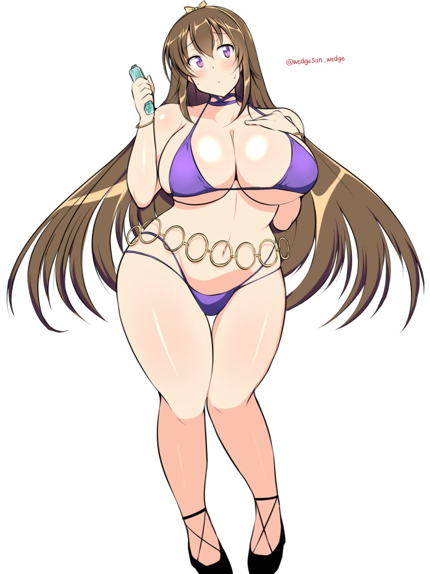 1girls 2022 big_breasts bikini breasts brown_hair female high_heels huge_breasts long_hair purple_bikini purple_eyes slightly_chubby tagme thick_thighs wedge wedgesan